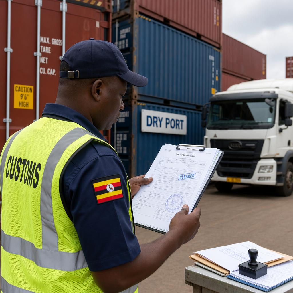 Customs officers reviewing East African import documents