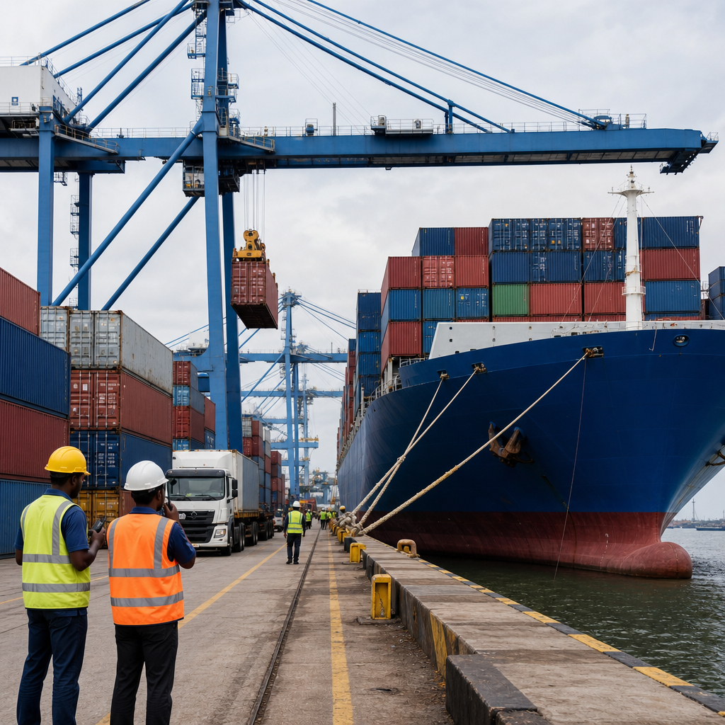 Container vessel at a regional port with cranes