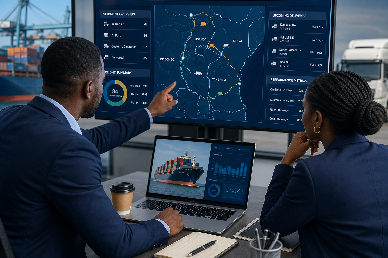 Logistics managers reviewing supply chain dashboards